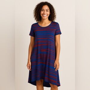 LuLaRoe Women’s Hi-Low Midi Dress – Size M – Blue & Burgundy Striped – EUC